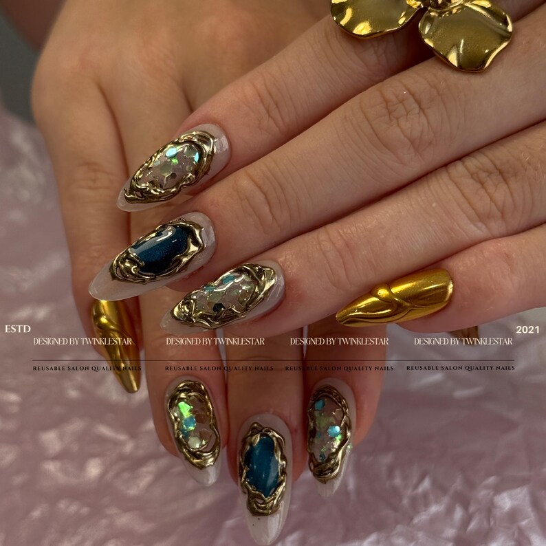 Gold Shell Blue Crystal Gemstone Press On Nails, Luxury Gold Chrome Nails, Ocean Inspired Gem Nails, Reusable Handmade Nails image 2