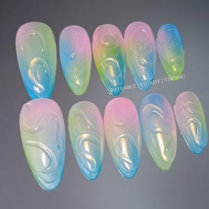Mesmerizing Rainbow Swirl Press On Nails | Durable Handmade Nails | Summer Nails | Elegant Nails | Rich and Glossy Gel Finish |xh524