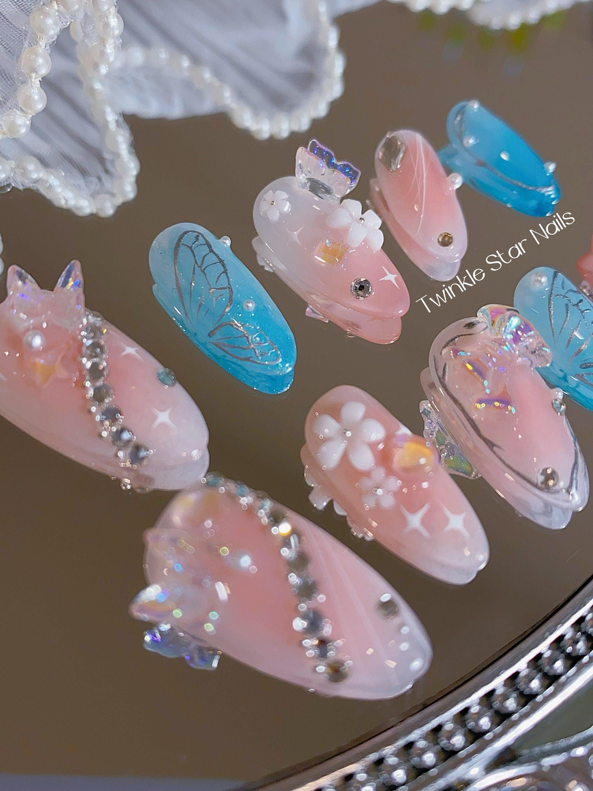 Pink Fairy Butterfly and Curvy Diamonds | Luxury Nails | Gorgeous