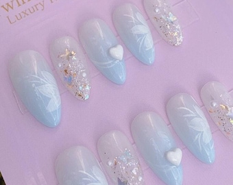 Elegant Baby Blue Flora Glitter Press On Nails