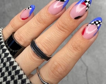 Racing Checkerboard Press On Nails / Reusable Nails/ Summer Nails/ Glue On The Nails/ Well Handmade Nails/ Salon Quality Nails