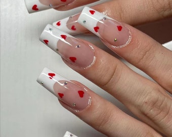 White French With Little Red Heart Press On Nails | Diamond Nails | Simple Nails | Cute Nails | Glue On Nails | Handmade Nails | yyz1091