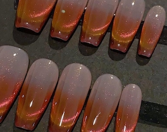 Glazed Double French Cat Eye Press On Nails | Unique Nail Design | Cool Nails | Shiny Nails | Reusable Nails | xtz1318
