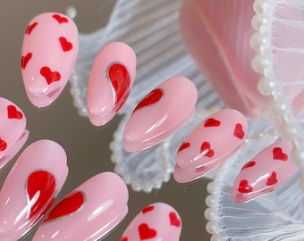 Lovely Pink Heart Press On Nails | Reusable Nails | Premium Nails | Summer Nails | Valentine Nails | Handmade Nails | yyz1829