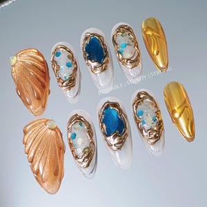 Gold Shell Blue Crystal Gemstone Press On Nails, Luxury Gold Chrome Nails, Ocean Inspired Gem Nails, Reusable Handmade Nails image 11