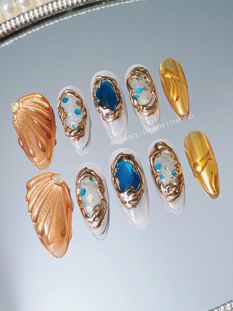 Gold Shell Blue Crystal Gemstone Press On Nails, Luxury Gold Chrome Nails, Ocean Inspired Gem Nails, Reusable Handmade Nails image 11