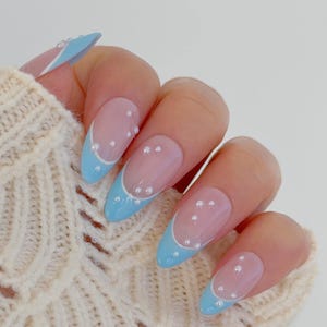 Blue Sky and Little Pearls | Durable Press On Nails | Summer Nails | Elegant Nails | Fake Nails | Acrylic Nails | French Tips | xhj627