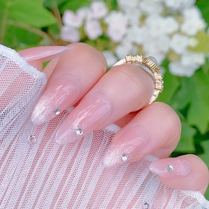 Blushed Ombre Press-On Nails, Cat Eye Fake Nails, Reusable Handmade Glue On Nails, Summer Press-Ons, Almond Nail Art