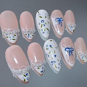 Lace Blueberry Press On Nail, Hand Painted Coquette Almond White French Tip Nails, Elegant Soft Girl Aesthetic Salon Quality Nails, XHJ755 image 6