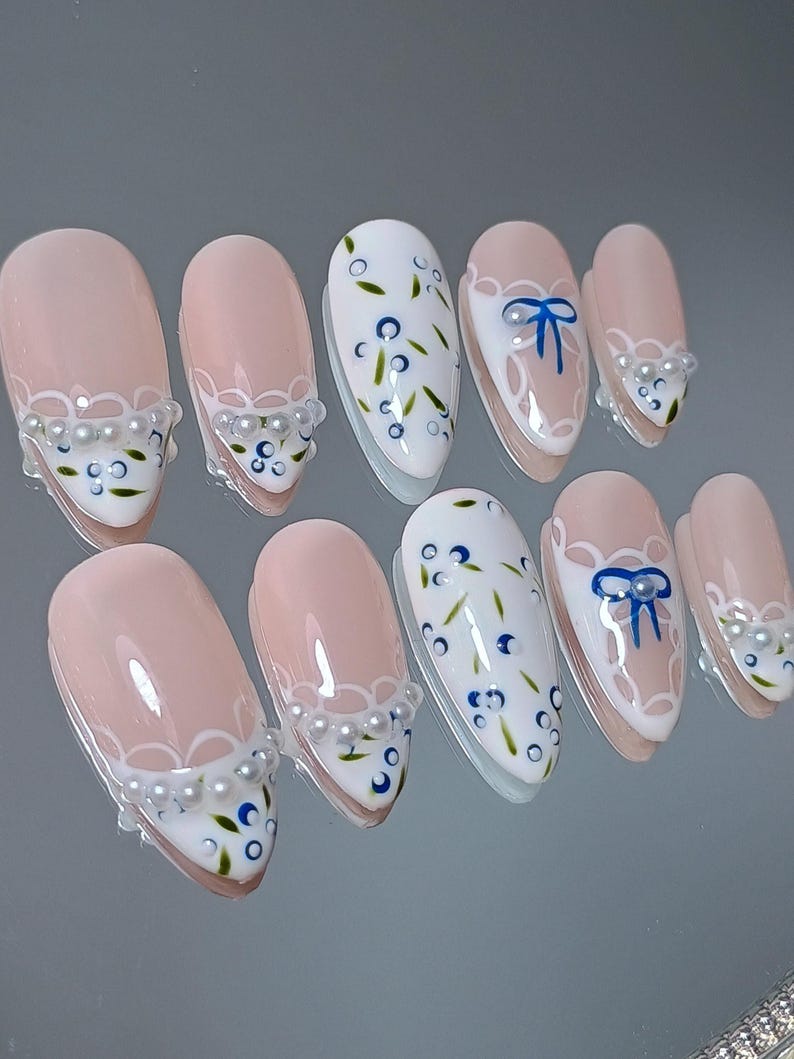 Lace Blueberry Press On Nail, Hand Painted Coquette Almond White French Tip Nails, Elegant Soft Girl Aesthetic Salon Quality Nails, XHJ755 image 6