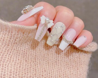 Baby Pink French Heart Diamond Press On Nails | Princess Nails | Cute Nails | Pink Nails | Gel Nails | Salon Quality Nails |imz2232