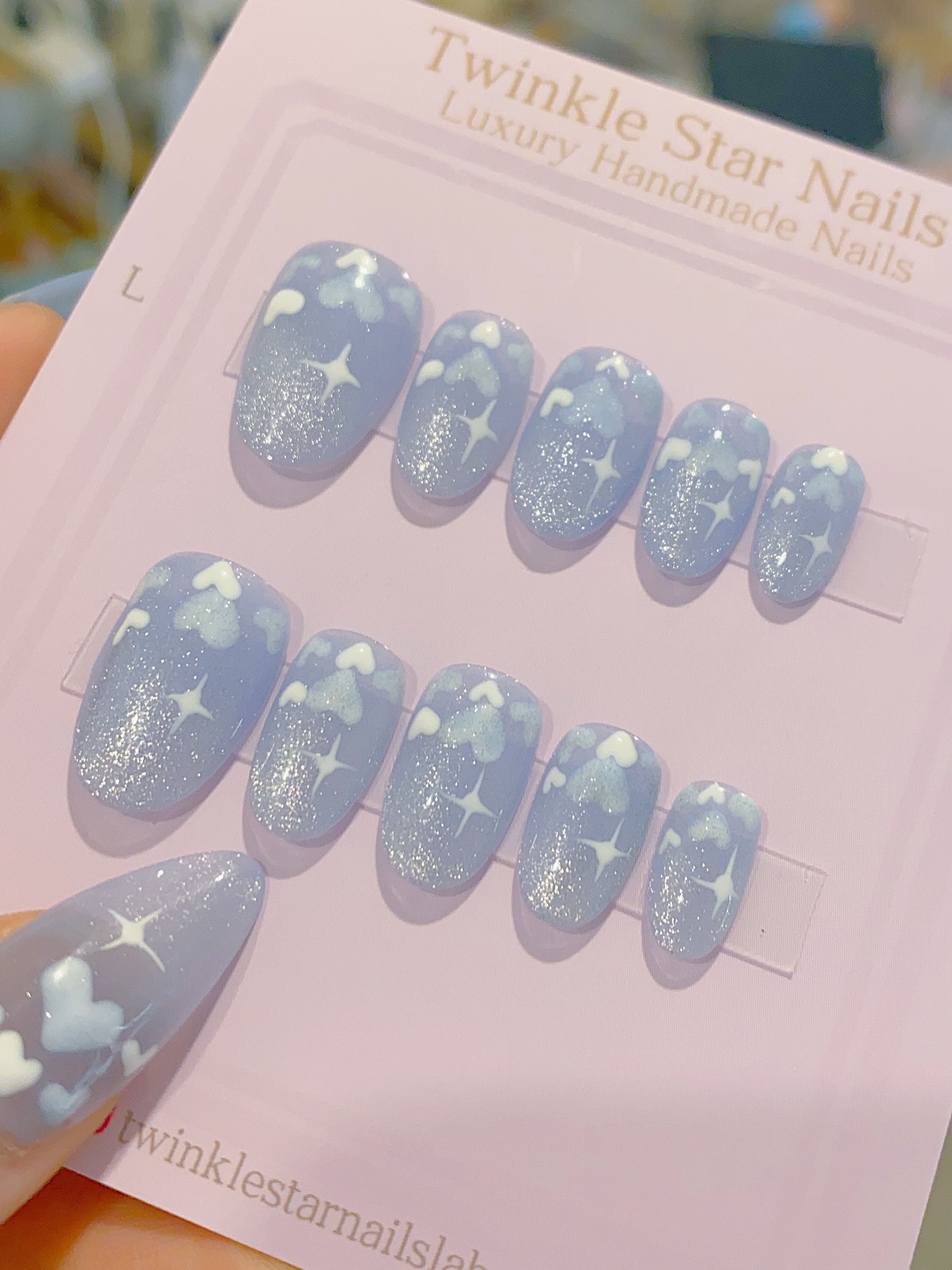 New Version | Short Baby Blue Reflective Cat Eye Little Heart Press On Nails | Gel Nails | Heart Nails | Cat Eye Nails | lmz142