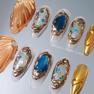 Gold Shell Blue Crystal Gemstone Press On Nails, Luxury Gold Chrome Nails, Ocean Inspired Gem Nails, Reusable Handmade Nails image 13