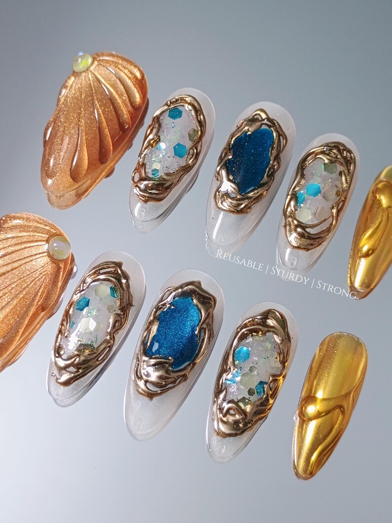 Gold Shell Blue Crystal Gemstone Press On Nails, Luxury Gold Chrome Nails, Ocean Inspired Gem Nails, Reusable Handmade Nails image 13