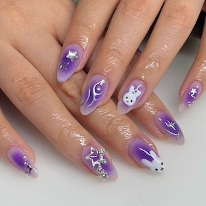 Purple Y2K Cute Bunny Press On Nails | Premium Nails | Almond Nails | Glue On The Nails | Salon Quality Nails