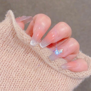 Gradient Pink Blush And Silver Cat Eye Reflective Press On Nails | Premium Nails | Gel Nails | xyz129