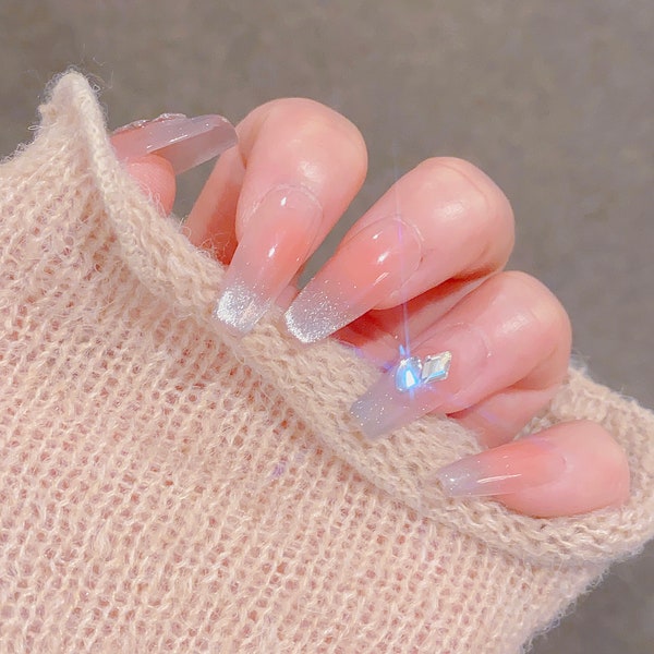 Farbverlaufsrosa Blush und Silber Katzenauge Reflective Press On Nails | Premium Nägel | Gel Nägel | xyz129