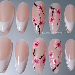 Sakura Almond Shape Press On Nail, Cherry Blossom Reusable False Nails, White French Tip Gel Nails, Clean Girl Nail Art, XH31
