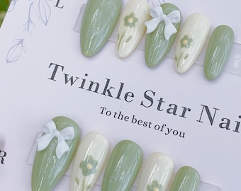 Sage Green Flower and White Ribbon / Durable Nails / Premium Nails / Gel Nails / Glue On The Nails / Salon Quality Nails