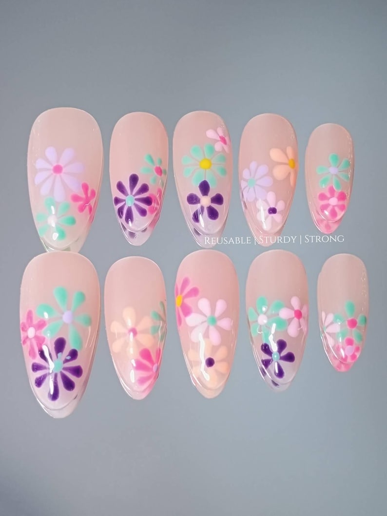 Reusable Colorful Daisy Press-On Nails, Pastel Flower Almond Glue On Nails, Reusable Handmade Glossy Gel Manicure, XHJ618 image 4