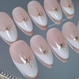 Golden Chrome Celestial White French Tips | Durable Press On Nails | Summer Nails | Elegant Nails | Fake Nails | Acrylic Nails | xhj623