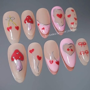 Cute Mushroom Cupcake | Custom Handmade Press On Nails | Reusable Press ons | Cute Nails | Summer Nails | Holiday Nails | xhj663