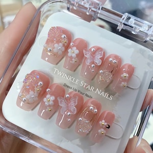 White Flower and Clear Rose Butterfly Press On Nails | Premium Nails | False Nails | Salon Quality Nails | yyz2638