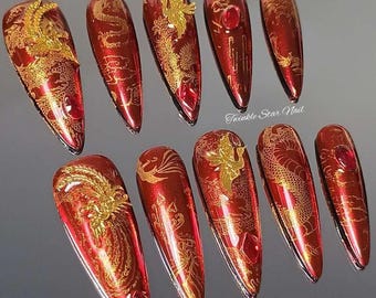 Red Metallic Golden Dragon Nails / Strong Gel Nails / Summer Nails / Reusable Nails / Beautiful Handmade Nails / Salon Quality Nails