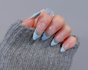 Sky Blue French Swirl Water  Ripple Press On Nails | Premium Nails | Gel Nails | Elegant Nails | Salon Quality Nails | yyz1378