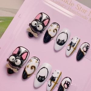 Premium Black Cat Press On Nails | Faux Nails | Glue On The Nails | Gel Nails | Handmade Nails