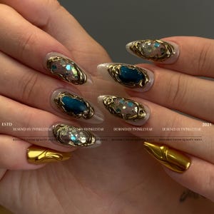 Gold Shell Blue Crystal Gemstone Press On Nails, Luxury Gold Chrome Nails, Ocean Inspired Gem Nails, Reusable Handmade Nails image 1