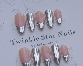 New Version | Pink Star and Silver Chrome Press On Nails / Reusable Nails / Strong Gel Nails / Glue On The Nails / Salon Quality Nails
