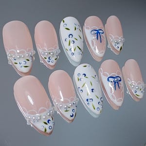 Lace Blueberry Press On Nail, Hand Painted Coquette Almond White French Tip Nails, Elegant Soft Girl Aesthetic Salon Quality Nails, XHJ755 image 5