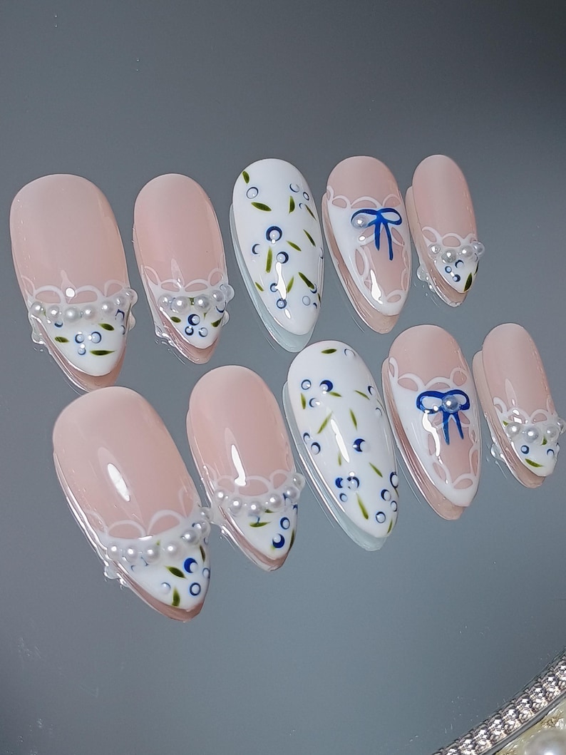 Lace Blueberry Press On Nail, Hand Painted Coquette Almond White French Tip Nails, Elegant Soft Girl Aesthetic Salon Quality Nails, XHJ755 image 5