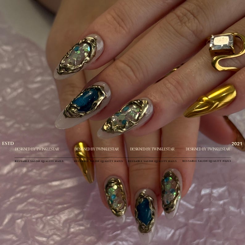 Gold Shell Blue Crystal Gemstone Press On Nails, Luxury Gold Chrome Nails, Ocean Inspired Gem Nails, Reusable Handmade Nails image 4