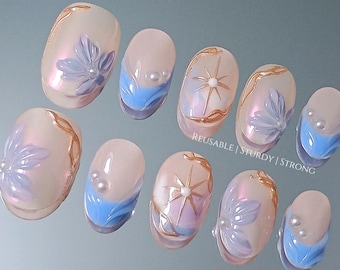 Glazed Pearlescent Chrome Press-On Nails, Short Round 3D Flower Nails, Iridescent Lavender and Blue Celestial Glue On Nails, XWJ423