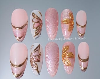 Golden Fairytale Glam Pink Shimmer Cat Eye Press On Nails | Luxury Nail Art | Reusable Gel Nails