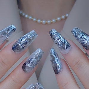 Black Ombre and Silver Butterfly Press On Nails | Chrome Nails | Faux Nails | Reusable Nails | Hand painted Butterfly Nails | xxm1261