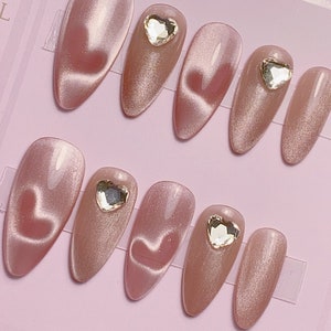 Reflective Magnet Jelly Heart Press On Nails | Premium Nails | Cute Nails | Beautifully Handmade Nails | xtz1722