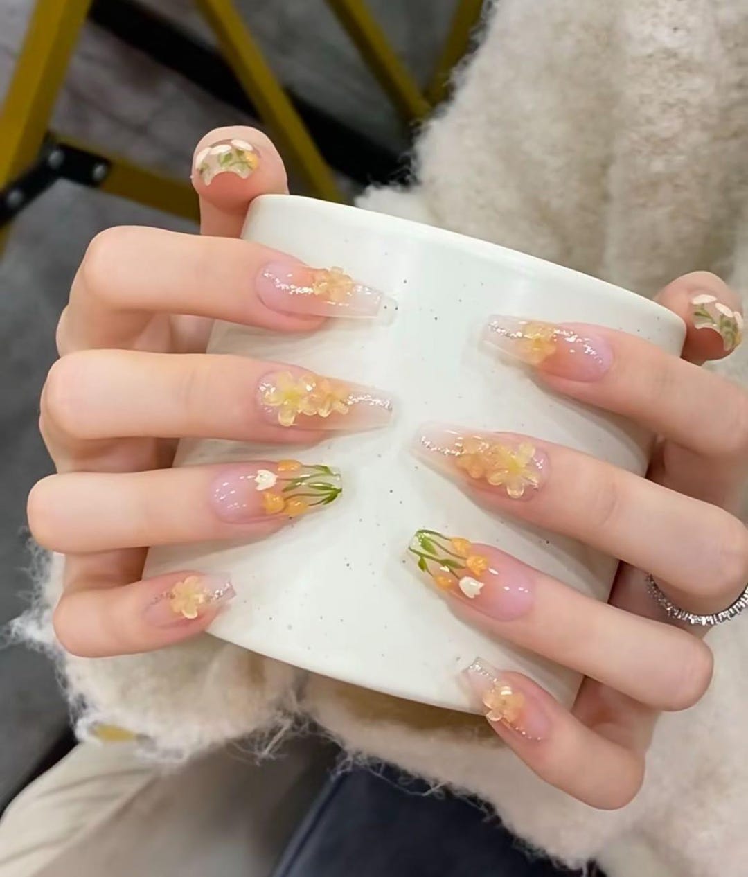 Gorgeous Blooming Yellow Spring Tulip Press on Nails | 3D Flower