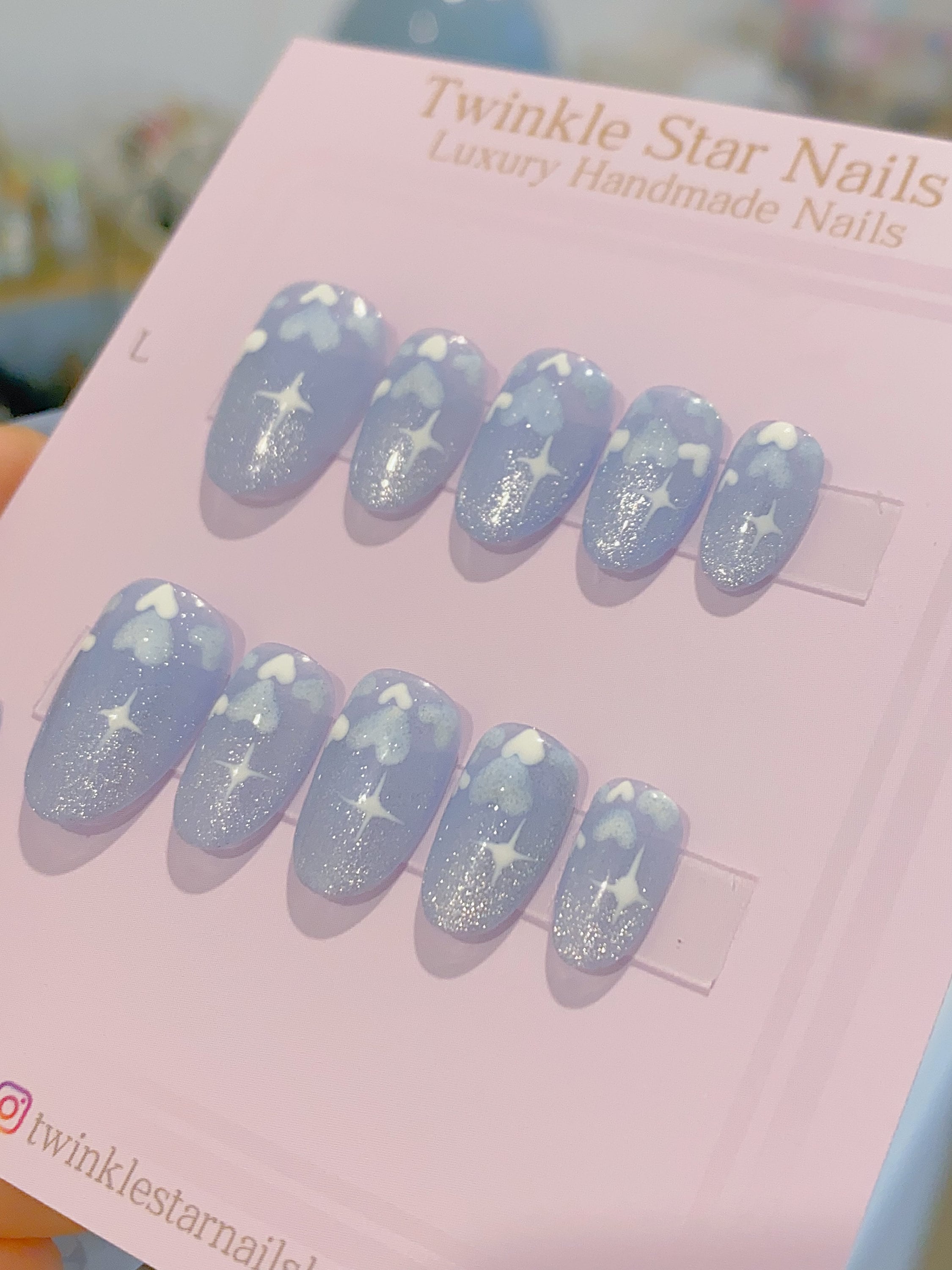 New Version | Short Baby Blue Reflective Cat Eye Little Heart Press On Nails | Gel Nails | Heart Nails | Cat Eye Nails | lmz142