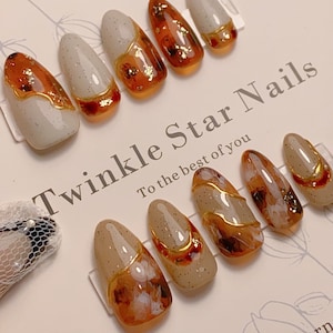 Glass Amber and Gold Chrome Line | Premium Nails | Casual Nails | Reusable Nails | Salon Quality Nails | xxm127