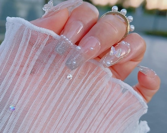 Custom Size Available! | Reusable Silver Glitter Butterfly Press On Nails | Pearls Pressons | Made In Australia | lmz156