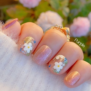 Short Glitter Summer Vibes (Cat eye effect) / Tiny Flower Nails / Pretty Nails / Gel Nails / Reusable Nails / High Quality Nails