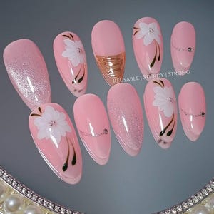 Hello Summer Press On Nails | Reusable Nails | Elegant Press Ons | Gold Chrome Nails | Flower Nails | Salon Quality Nails |  xhj628