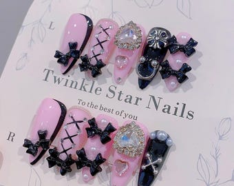 Stiletto Bling Crystal Heart With Cute Bows Press On Nails | Fancy Nails | Kawaii Nails | Pink Nails | Salon Quality Nails | yyz1335