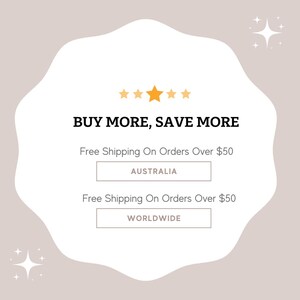 The image is a promotional banner for an online store that offers free shipping on orders over $50. It features a white background with a gold star and text that reads "BUY MORE, SAVE MORE" and "Free Shipping On Orders Over $50" in two different languages, "AUSTRALIA" and "WORLDWIDE".
