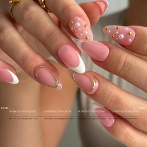 Chic Pink and White Glitter Press-On Nails,| Gold Chrome Nails, Handmade White Frenchtip Press Ons, Custom Nails, HJ557