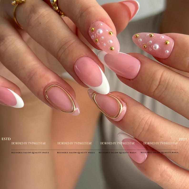 Chic Pink and White Glitter Press-On Nails,| Gold Chrome Nails, Handmade White Frenchtip Press Ons, Custom Nails, HJ557 image 1