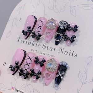 Stiletto Bling Crystal Heart With Cute Bows Press On Nails | Fancy Nails | Kawaii Nails | Pink Nails | Salon Quality Nails | yyz1335